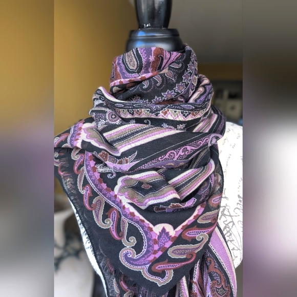 ETRO Milano Silk & Wool Purple Pink Black Paisley Print Large Scarf 67x26 - Picture 7 of 13